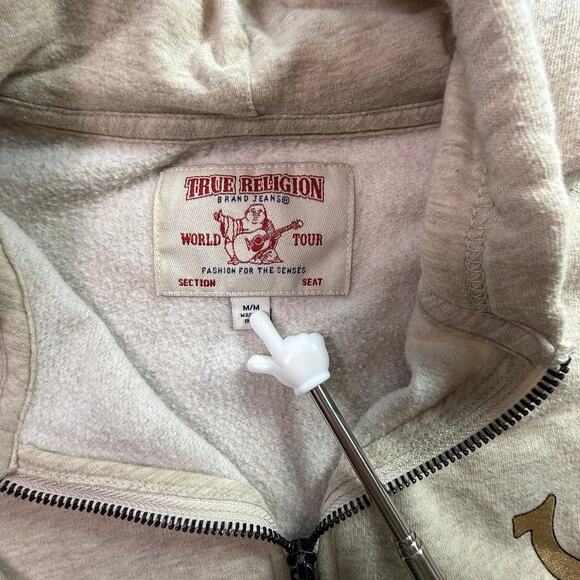 True Religion Gold Logo Full Zip Hoodie Sweatshirt Light Heather Oatmeal Size M - Picture 3 of 15
